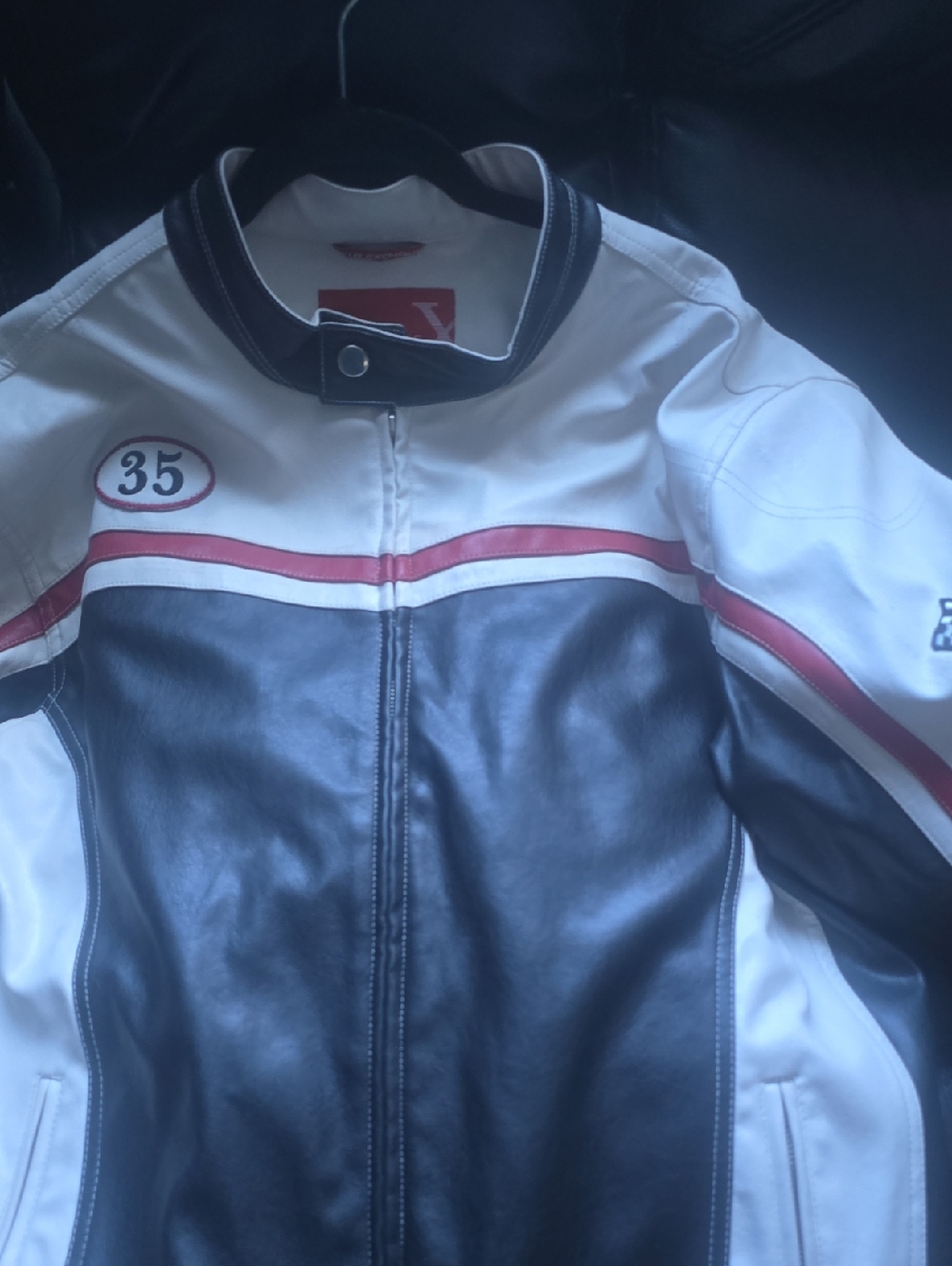 EXCHANGE Leather Jacket with White and Black Panels and Red Label Biker Jacket